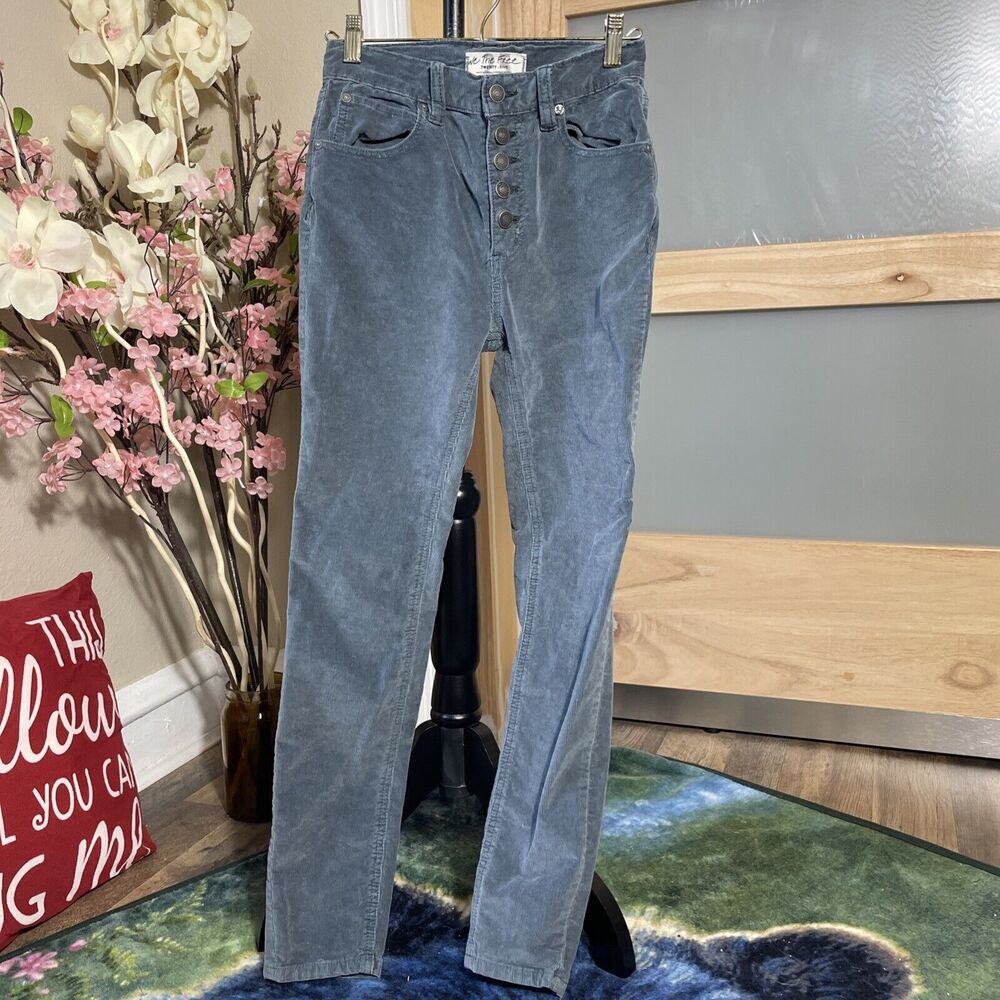 We The Free Gray Corduroy Button Fly Pants Size 25 High Waisted Boho Skinny